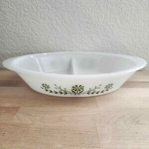 Vintage Glasbake J2352 Divided Casserole Dish Crazy Daisy Green Oval 1 1/2 quart